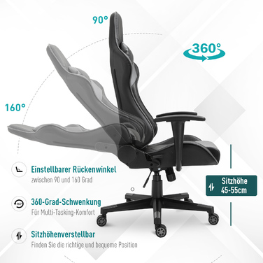 Крісло ігрове Vinsetto Ergonomic, поворотне, з екошкіри та піни, чорного кольору, розміром 67,5x74x126-136 см, для комфортної роботи та ігор.