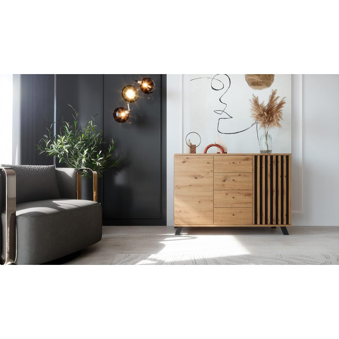 Комод Newroom Дикий дуб Антрацит - 118x85x40 см - Сервант Modern Vintage - Highboard Credenza