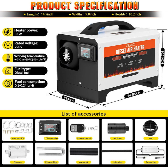 Дизельний обігрівач Diesel Air Heater 8 кВт з пультом керування та LCD-дисплеєм 12/24/110-240V, Bluetooth, швидкий нагрів для автодому, причепа, автомобіля