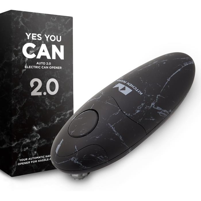 Електричний відкривач консерв Kitchen Mama 2.0: автоматичний, бездротовий, з гладкою кромкою, для безпечного відкривання, працює від батарейок (мармуровий чорний)