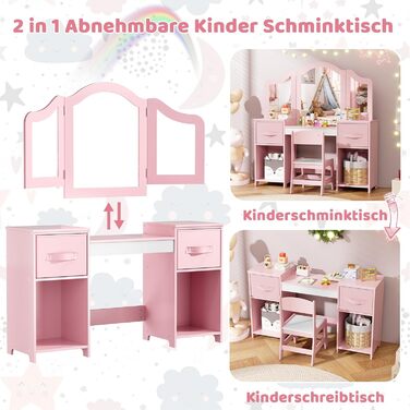 Дитячий туалетний столик MAMIZO 2 в 1 з дзеркалом та пуфом, рожево-білий (108x30x114 см)