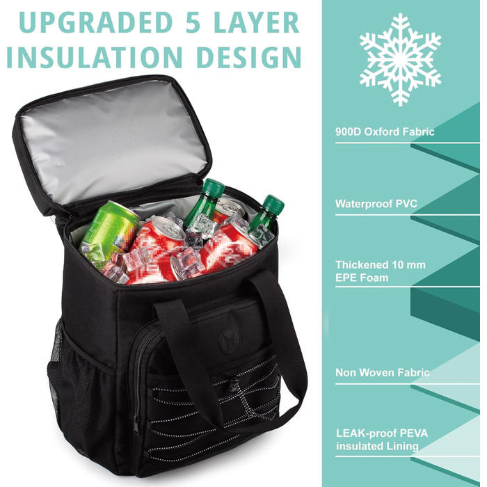 Чорний рюкзак-холодильник з м'якою ручкою, легкий та ізольований, велика місткість, для пляжу, кемпінгу, пікніка, риболовлі та походів