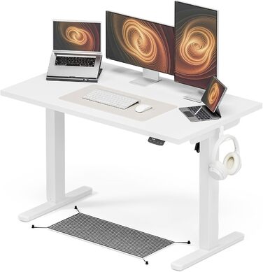 Електричний регульований стіл 120x60 см з пам'яттю, для офісу та дому. Комп'ютерний стіл з кабелеуправлінням та гачками, білий.