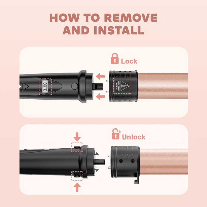 Локкенштаб NWOUIIAY 6 в 1 з LCD-дисплеєм, керамічним покриттям, набір для створення локонів, багатофункціональне змінне насадки, для великих та маленьких локонів, з рукавичками, регулювання температури (колір шампань)