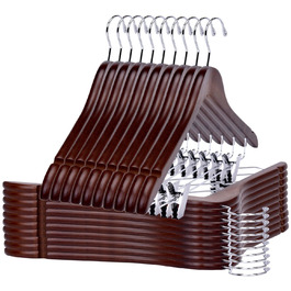 Дерев'яні вішалки для одягу з кліпсами (20 шт.), масивне дерево, вішалка для штанів, регульовані металеві кліпси, поворотний гачок, для пальто, сорочок, костюмів (Волоський горіх - Хромований гачок)