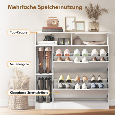 Шафа для взуття з 2 дверцятами та похилим механізмом, з регульованою перегородкою та відкритою полицею на 12 пар взуття, 89 x 25 x 92 см, біла