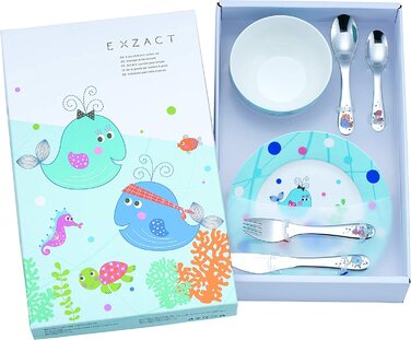 Набір дитячого посуду Exzact з нержавіючої сталі (6 шт.) - миска, тарілка, ніж, виделка, ложка для чаю, столова ложка - подарункова коробка