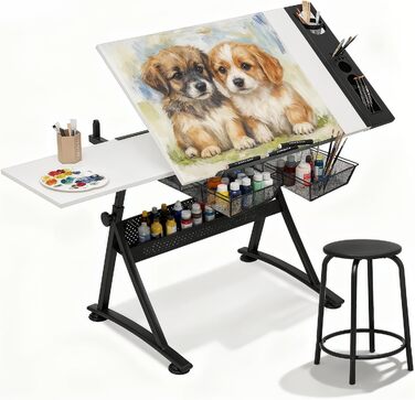 Набір мольбертів Magshion: регульований стіл для художника з нахиленою дерев'яною стільницею, стілець та 2 висувними ящиками для зберігання. Підходить для дому, офісу та школи (білий/чорний)