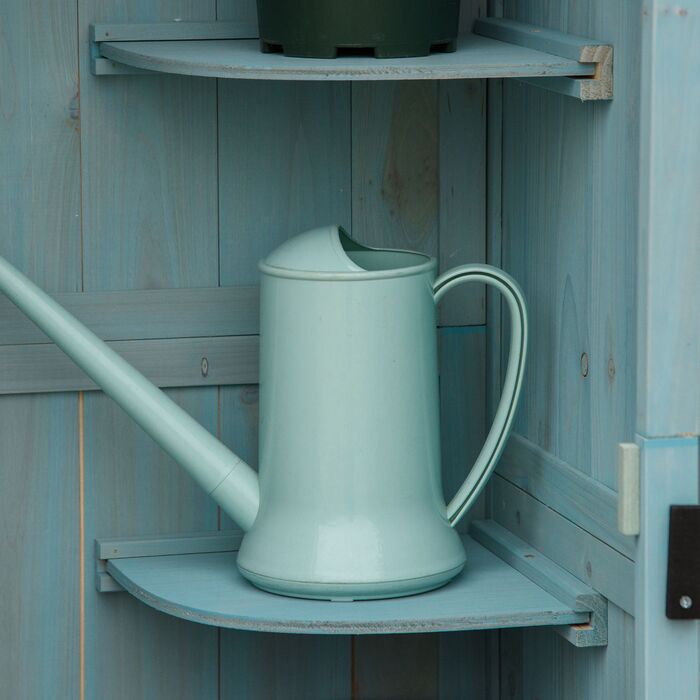 Садовий шафка Outsunny з дерева, вологостійкий вологостійкий сарай для інструментів 77x54,2x179 см, сарай для інструментів з дверима, двосхилий дах, шафка для інструментів з полицями, сарай для інструментів для саду, тераси, світло-блакитний+зелений