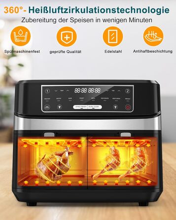 Подвійна фритюрниця без олії з 2 камерами, 10л, 8-в-1, сенсорний екран, таймер, XXL