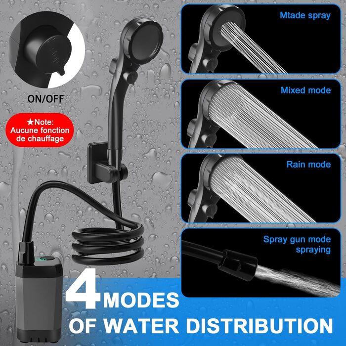 Портативна кемпінгова душ TAVADA з акумулятором 6000mAh, з насосом та термометром, з душ-насадкою та шлангом