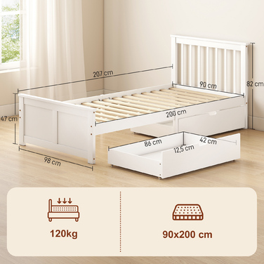Ліжко одинарне, дерев'яний каркас, ящики на колесах, не потребує ламелей, 90 x 200 см, білий