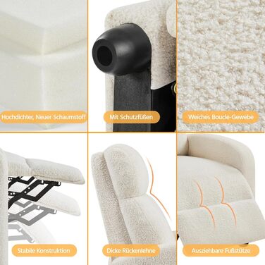Крісло-релакс Yaheetech з регульованою підніжкою, крісло для телевізора, крісло-ліжак з тканини Boucle, колір слонова кістка