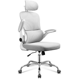 Офісне крісло Devaise Ergonomічне, з підтримкою попереку, 3D-підголівник, регульовані підлокітники, дихаюча сітка спинки, функція гойдання, для офісу та дому, до 150 кг, сірого кольору