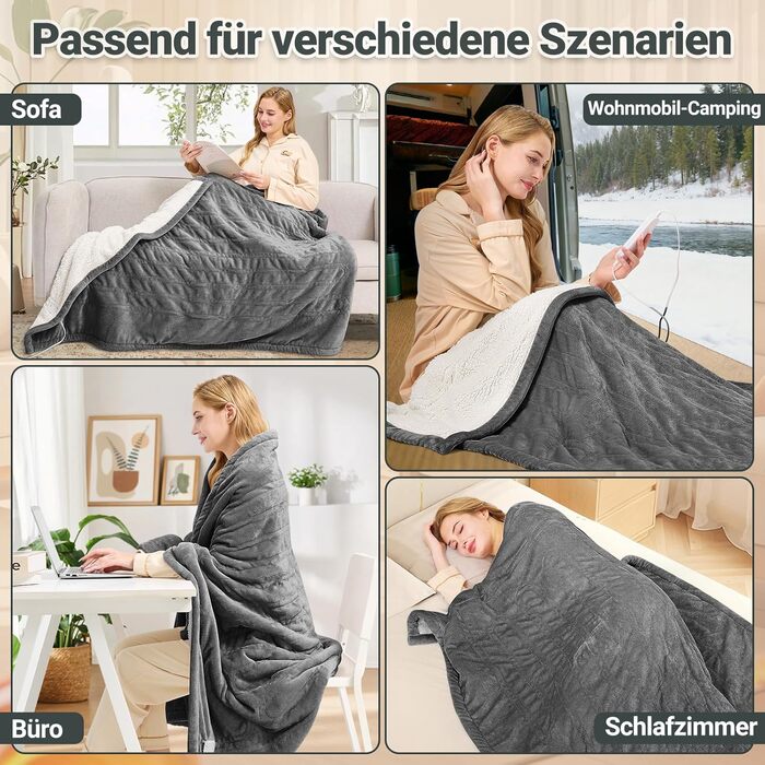 Електрична ковдра з автовимкненням 130x180 см, 8 режимів нагріву, таймер 12 годин, пральна машина, флісова ковдра для ліжка, дивана, офісу (темно-сірий)