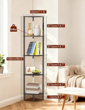 LED торшер з полицею: 3 режими світла, димування (сенсор, пульт), кутова полиця 5 рівнів, вузька книжкова шафа для вітальні, спальні, офісу (чорний)