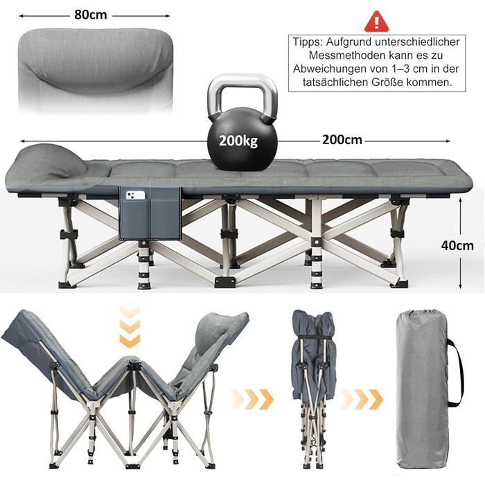 Розкладне кемпінгове ліжко CALIYO з матрацом, 200x80x40 см, витримує до 200 кг, сталевий каркас, тканина Оксфорд, сіре (з сумкою для зберігання)