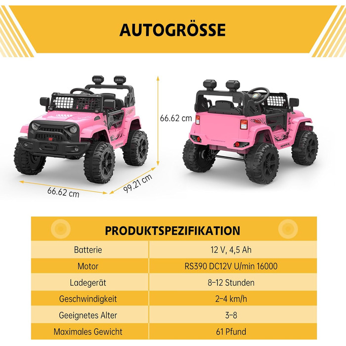 Дитячий електромобіль 12V з пультом, Bluetooth, LED, амортизацією, для дітей 3-8 років, білий/рожевий