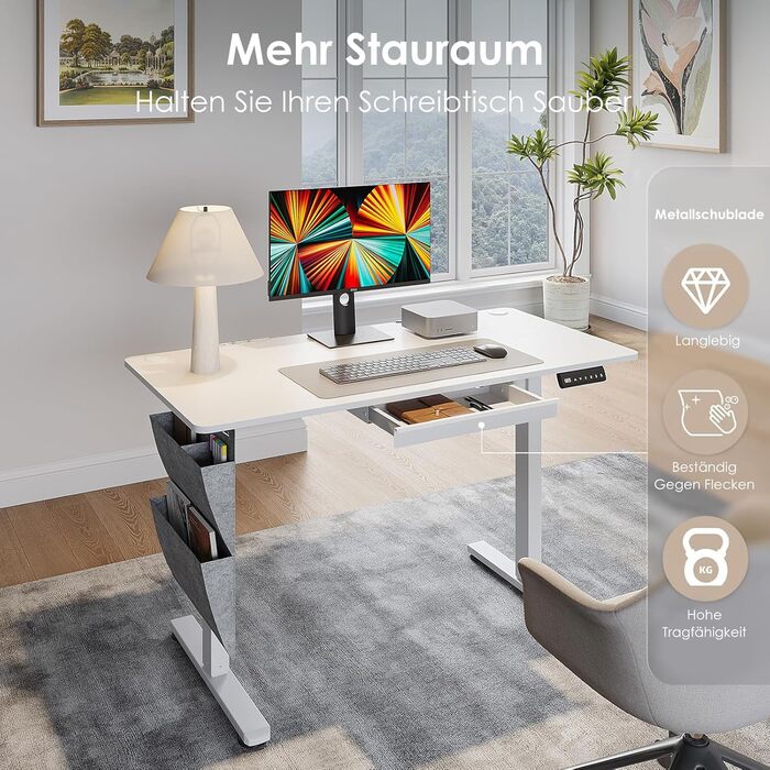 Електричний регульований стіл висотою 120x60 см з пам'яттю, з шухлядами для дому/офісу/навчання (білий)