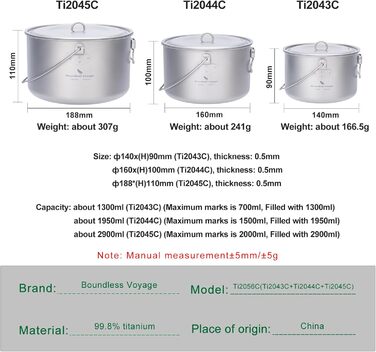 Набір посуду iBasingo Titan 2.9L для кемпінгу: каструля, миска, кухонне приладдя для 1-3 осіб (Ti2045C, Ti2056c)