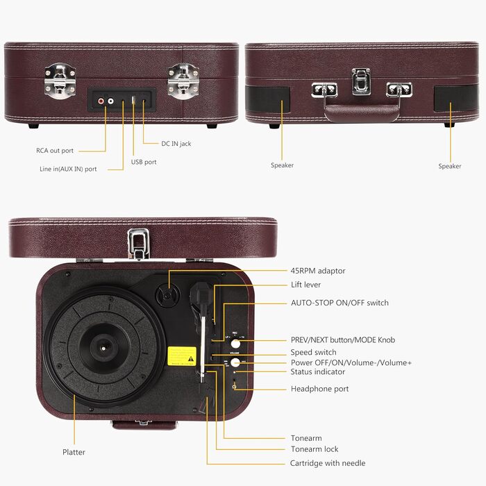 Вініловий програвач з динаміками, Bluetooth 5.4, USB, ретро-валізка, 33/45/78 об/хв, RCA/AUX, червоний