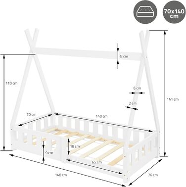 Дитяче ліжко-халапа Tipi 70x140 см біле з бортиками та ламелями, з сосни, індіанське ліжко для дівчаток та хлопчиків, будиночок-ліжко з огорожею, ліжко-халапа для дітей та підлітків, ігрове ліжко-намет