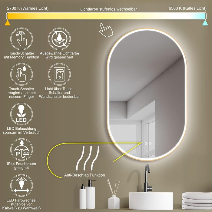 Дзеркало для ванної кімнати HOKO круглої форми 80 см з підсвічуванням, антизапарюванням, рамкою, сенсорним вимикачем, функцією пам'яті та регулюванням кольору світла (2700-6500K) - тепле, холодне, нейтральне світло (75 x 45 см, золотий овал)