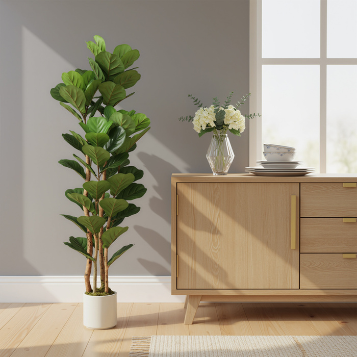 Штучна фіганова пальма (Ficus lyrata) у горщику, з 71 листям, масивний дерев'яний стовбур, 50 x 50 x 150 см, зелена