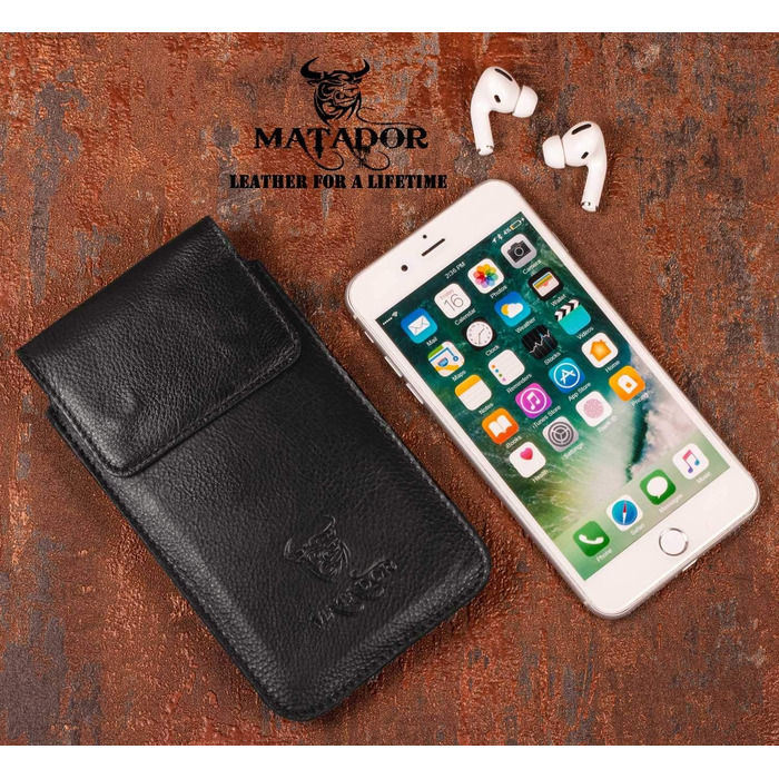 Шкіряний поясний чохол MATADOR сумісний з Apple iPhone 15 Pro / 15/14 Pro / 14/13 Pro / 13/12 Pro / 12/11 / XR із затискачем для ременя/петлею з магнітною застібкою Шкіряний чохол коров'яча шкіра (чорний)