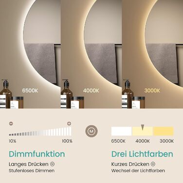 Дзеркало для ванної кімнати EMKE круглої форми з підсвічуванням 80 см – кругле дзеркало з 3 кольорами світла, регулюванням яскравості, сенсорним керуванням, функцією пам'яті та енергозбереженням. Розміри: 80 см x 80 см