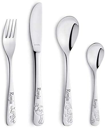 Набір дитячого посуду Kinderbesteck з гравіюванням 'Друзі лісу', 4 шт. з іменем, з нержавіючої сталі