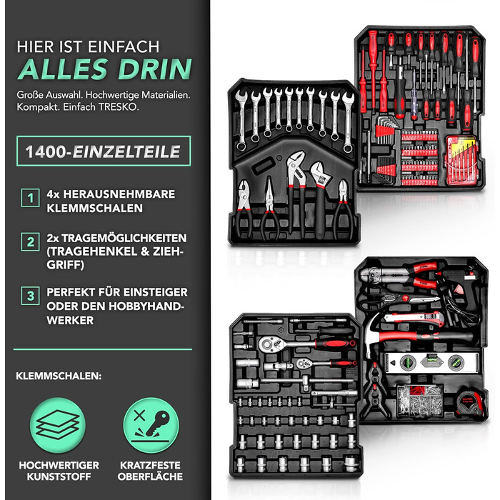 Набір інструментів TRESKO 1400 предметів у валізі: професійний кейс, візок для інструментів з Cr-V сталі (антрацит)