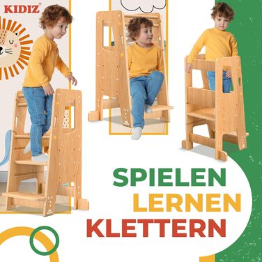 Дитячий навчальний стільчик KIDIZ® для дітей від 1 року | 3-ступеневий, регульована висота, збірка з сосни | Розвиває моторику, Montessori, до 50 кг, антрацит & сосна