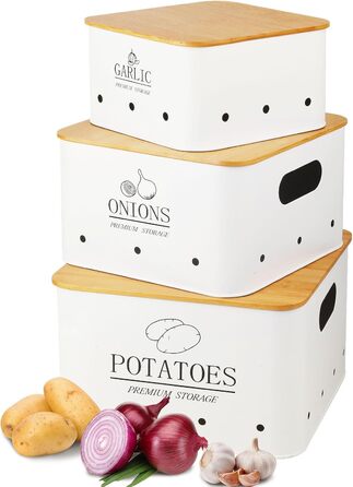 Набір контейнерів для зберігання картоплі, цибулі та часнику (3 шт.) з бамбуковим кришками - зберігає овочі свіжими довше. Чорний (Blanc)