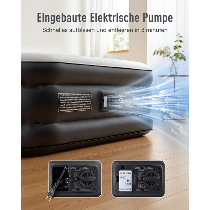 Надувний матрац Airefina для 2 осіб з вбудованим насосом, самонадувний, 190x137x46 см, для дому та кемпінгу