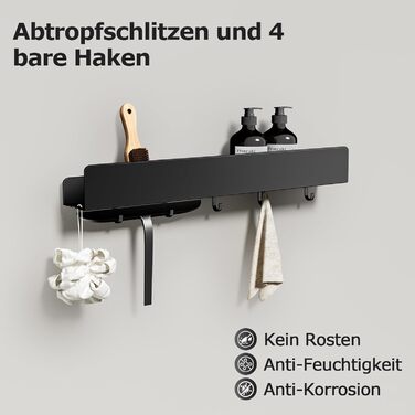 Поличка для душу Rekita без свердління, органайзер для ванної кімнати 40 см, поличка з нержавіючої сталі з 4 знімними гачками, тримач для шампуню для душу, навісна полиця, полиця для ванної кімнати (Чорний-50см)