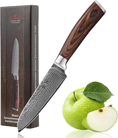 Японський ніж Wakoli EDIB Santoku з дамаської сталі (серцевина VG10), 12.5 см – гострий та зручний. Ніж Сантоку з ручкою з паккавуду в подарунковій коробці, для овочів та фруктів