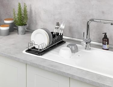 Сушарка для посуду WENKO одинарна, компактна, піддон для крапель, знімний кошик для столових приборів, металева рама, 40x10x18см, чорний/сріблястий