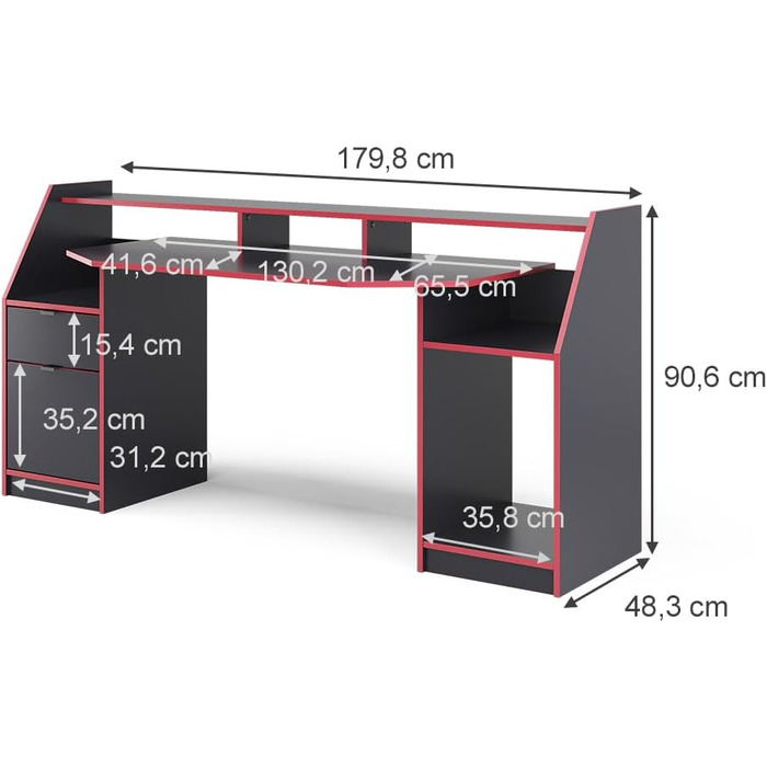 Комп'ютерний стіл Vicco Joel, 180 x 66 см (179,8 x 90,6 см, чорний/червоний)