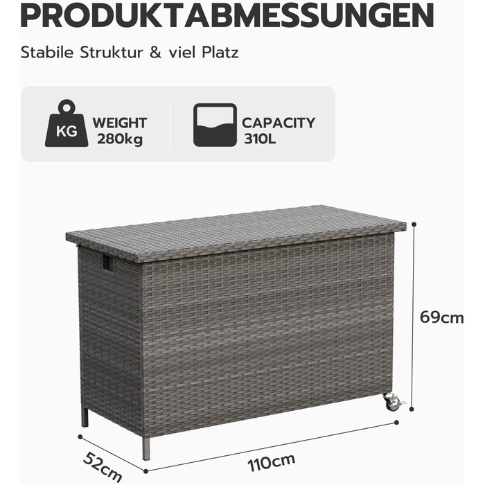 Водонепроникний садовий ящик Amopatio Gartenbox 480л з поліротангу, металевий ящик для подушок на колесах з газліфтом для саду та балкону, сірий