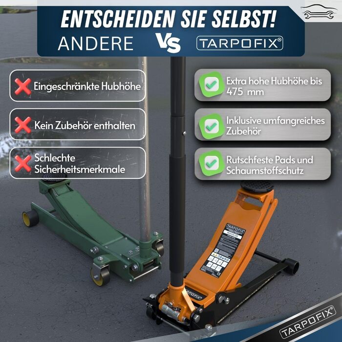 Гідравлічний домкрат Tarpofix® для автомобілів (3т, 85-475мм), низькопрофільний, помаранчевий - Преміум якість