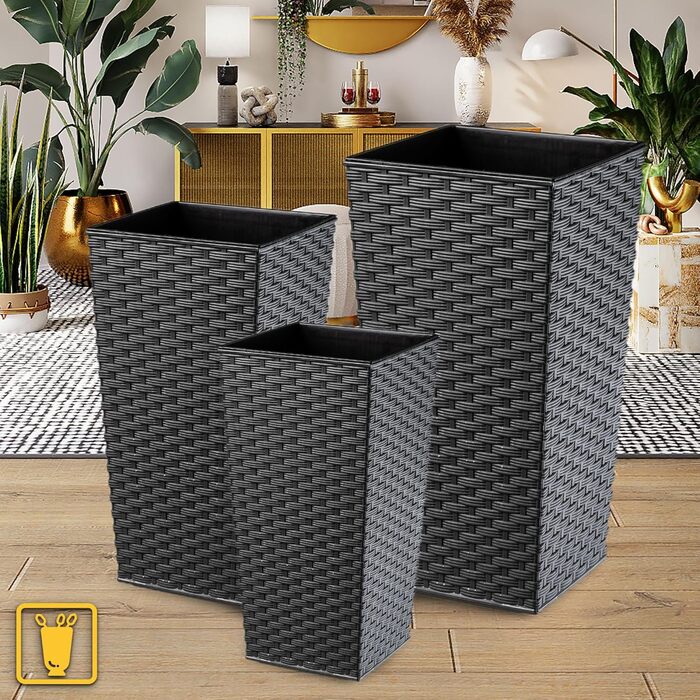 Набір горщиків для квітів KADAX 3 шт. (36/46,5/57,5 см) – пластикові, вологостійкі, для дому та саду, графіт, ротанг