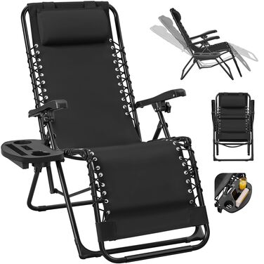 Розкішна розкладна шезлонг Yaheetech для саду, балкону та пляжу з подушкою та тримачем для напоїв (Чорний)