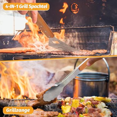 Набір гриль-посуду PURPLEBIRD 5 предметів: професійний набір інструментів з нержавіючої сталі, з чохлом-фартухом та дерев'яними ручками. Ідеально для BBQ, тепаньякі, подарунок для чоловіків.