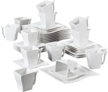 Серія Flora, 30 предметів - Мармуровий порцеляновий набір посуду Mness aptieka Комбінований столовий сервіз з 6 кавовими чашками, 6 блюдцями, 6 десертними тарілками, 6 суповими тарілками та 6 плоскими тарілками (білі, 36 штук (1 упаковка))
