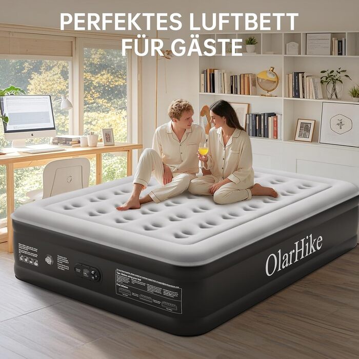 Надувний матрац OlarHike для кемпінгу та дому - 203 x 152 x 46 см, чорний, на 2 особи, XL