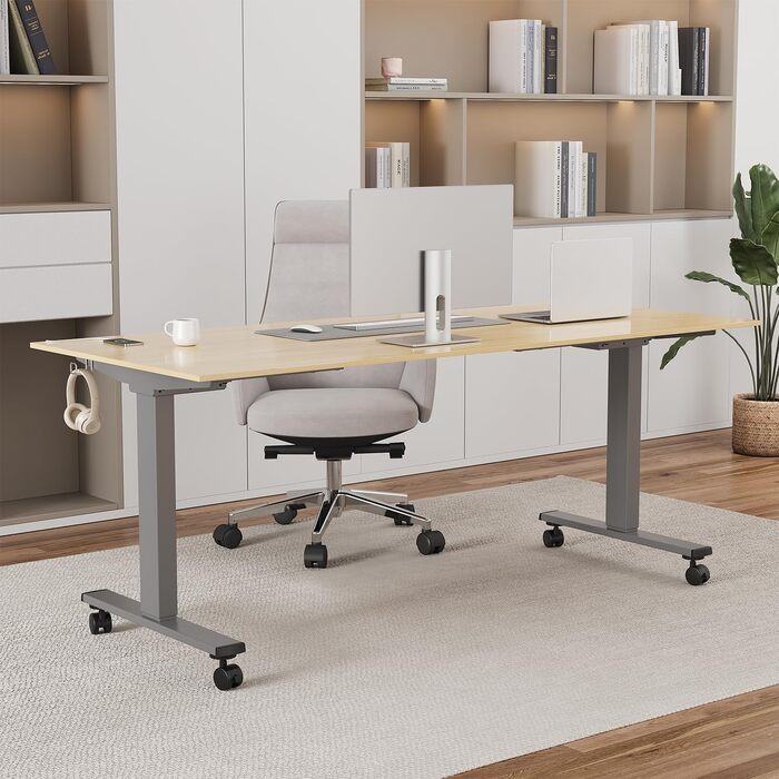Регульований стіл JUMMICO з міцним металевим каркасом та 2 моторами, 3 пам'яті, для стояння та сидіння (білий), 100 x 140 см, сірий