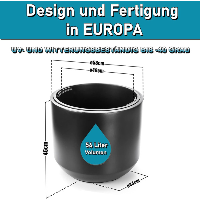 Великий квітковий горщик BigDean, anthracite, ø 58 см з знімним внутрішнім горщиком - стійкий до погодних умов, з міцного пластику, для дому та саду