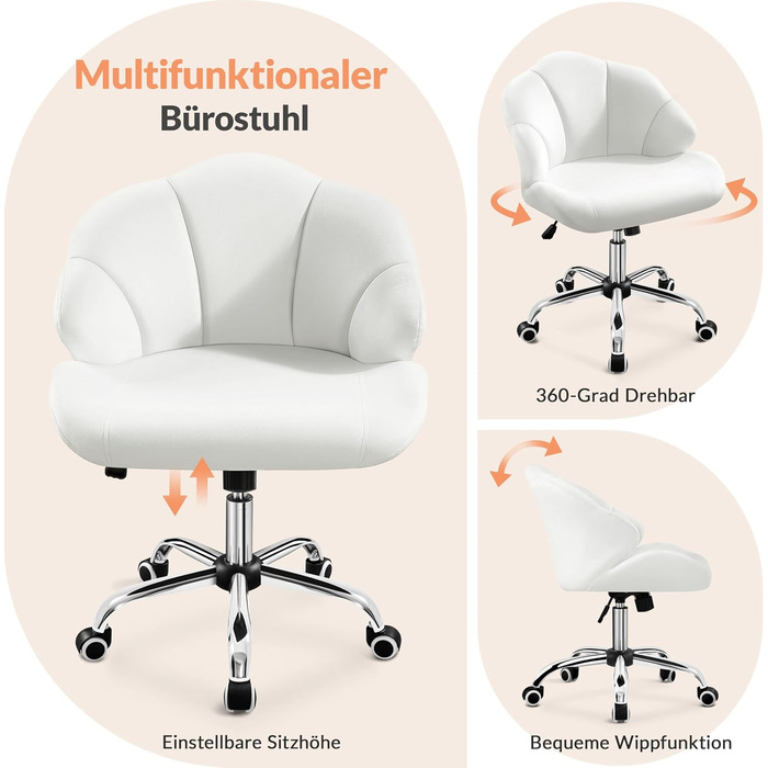 Крісло Yaheetech для дому та офісу: пуф для макіяжу, крісло з регулюванням висоти, обертове, біле, до 136 кг