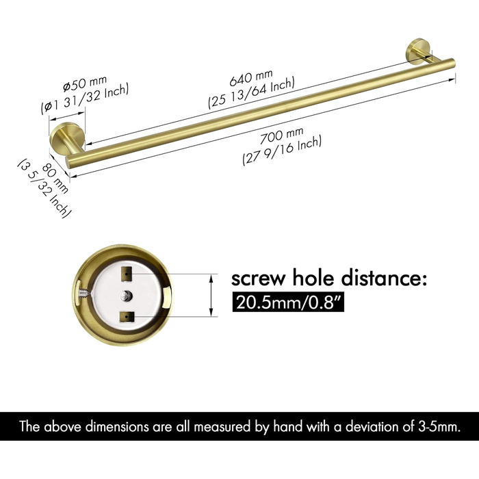 Тримач для рушників KES, стійка для рушників, нержавіюча сталь SUS304, настінний, 70 см, щіткова обробка, A2000S70B-2